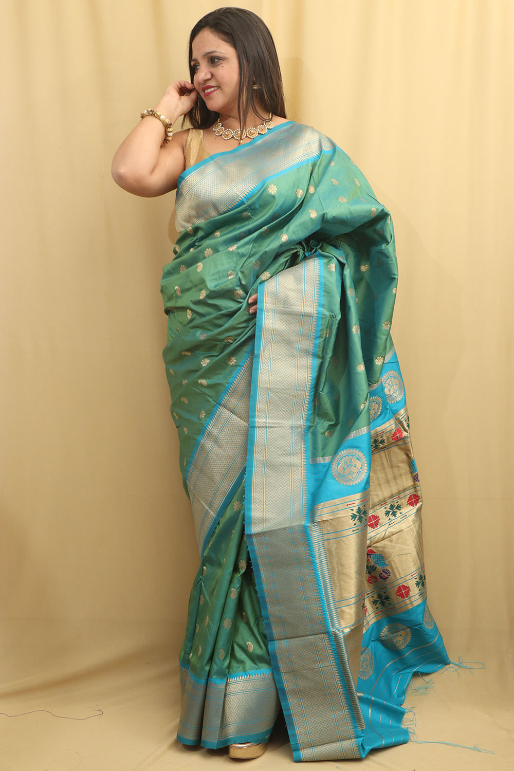 Stunning Green & Blue Paithani Silk Saree With Maharani Pallu - Luxurion World