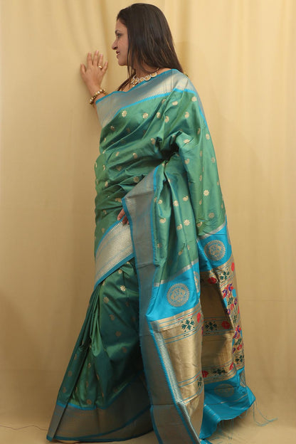 Stunning Green & Blue Paithani Silk Saree With Maharani Pallu - Luxurion World