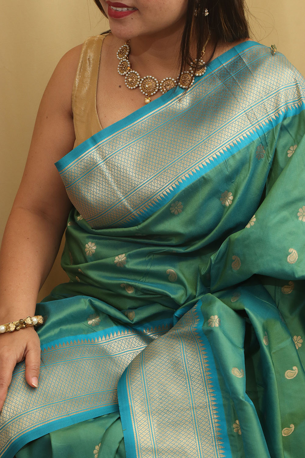 Stunning Green & Blue Paithani Silk Saree With Maharani Pallu - Luxurion World