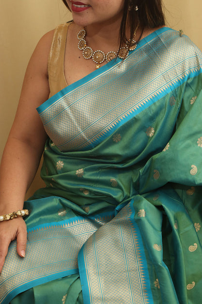 Stunning Green & Blue Paithani Silk Saree With Maharani Pallu - Luxurion World