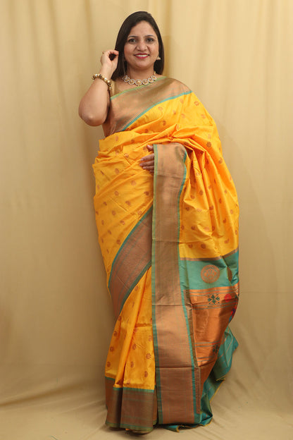 Yellow Paithani Silk Saree With Maharani Pallu - Luxurion World
