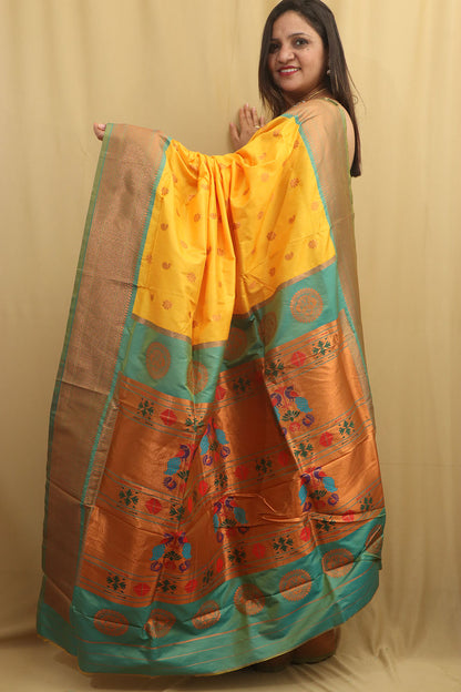 Yellow Paithani Silk Saree With Maharani Pallu - Luxurion World