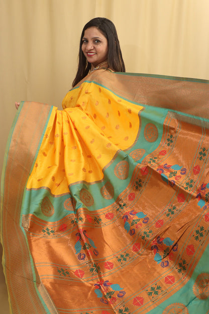 Yellow Paithani Silk Saree With Maharani Pallu - Luxurion World