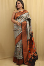 Elegant Grey Paithani Silk Saree With Maharani Pallu - Luxurion World