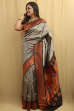 Elegant Grey Paithani Silk Saree With Maharani Pallu - Luxurion World