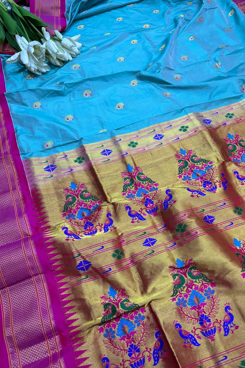 Blue Handloom Paithani Silk Peacock Saree - Luxurion World