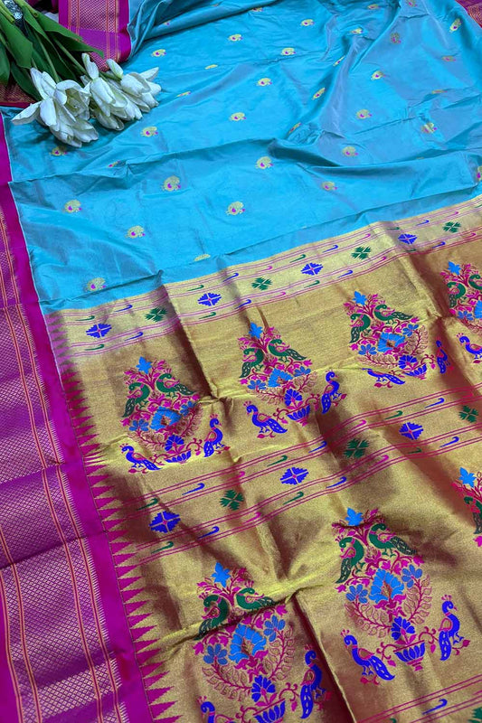 Blue Handloom Paithani Silk Peacock Saree - Luxurion World