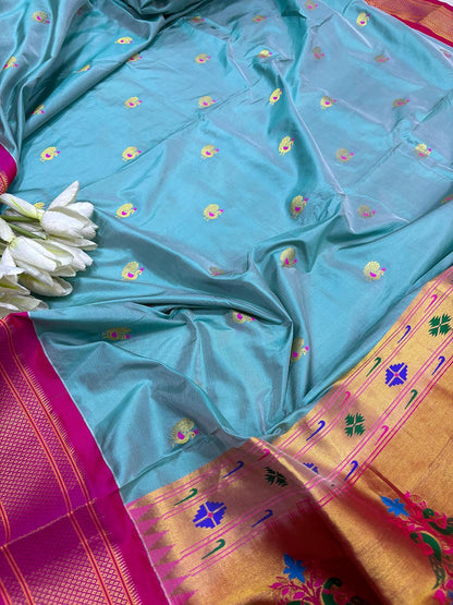 Blue Handloom Paithani Silk Peacock Saree - Luxurion World