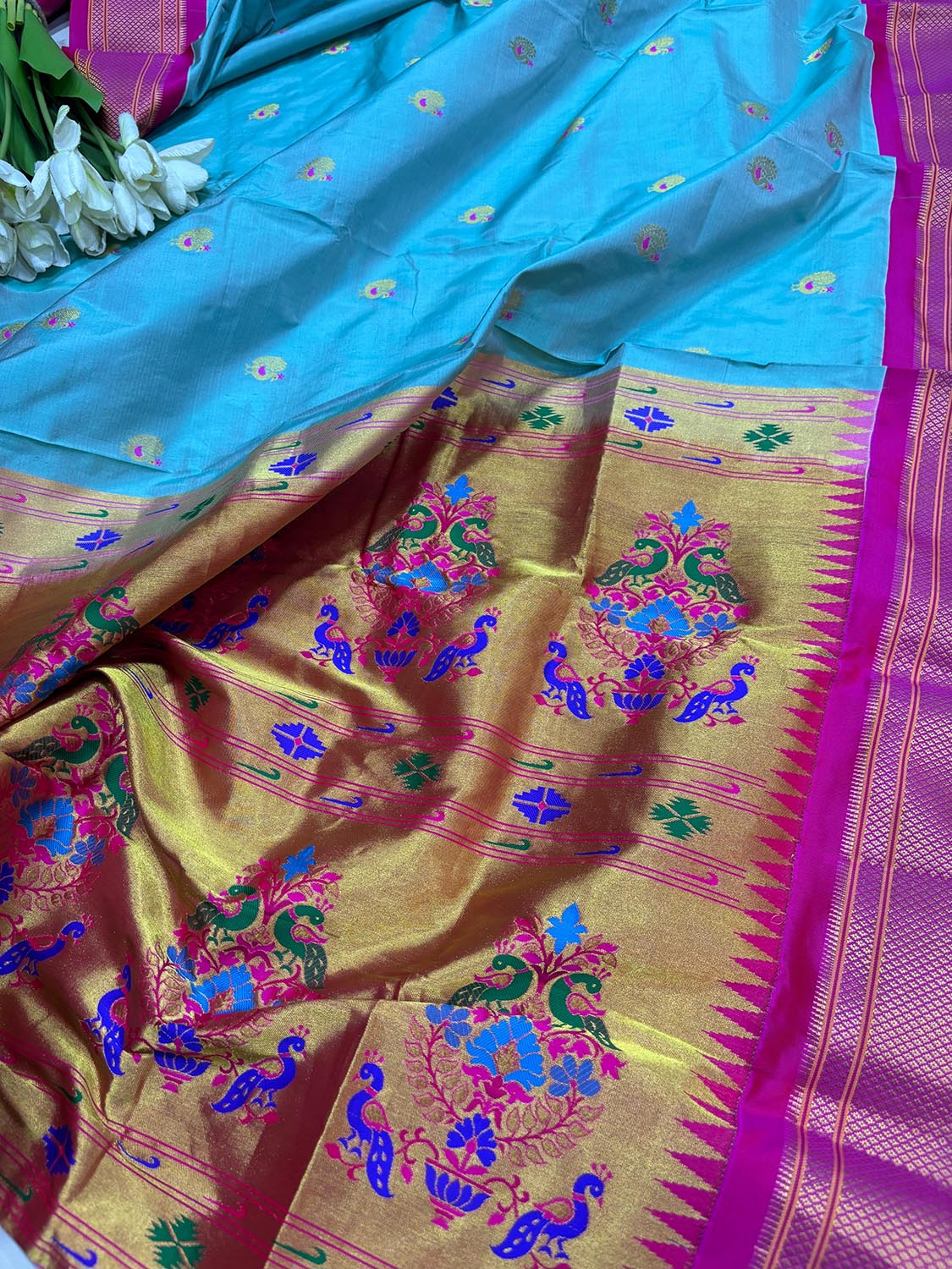 Blue Handloom Paithani Silk Peacock Saree - Luxurion World