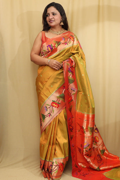 Green Paithani Handloom Flower Design Pure Silk Saree - Luxurion World