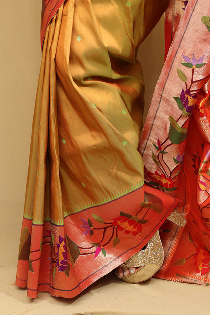 Green Paithani Handloom Flower Design Pure Silk Saree - Luxurion World