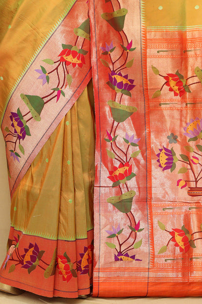 Green Paithani Handloom Flower Design Pure Silk Saree - Luxurion World