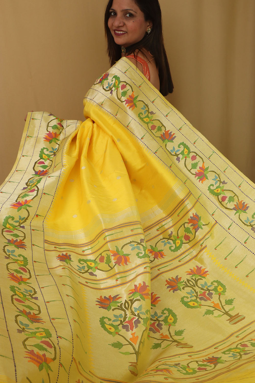 Yellow Paithani Silk Saree with Flower Design Border - Luxurion World
