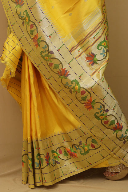 Yellow Paithani Silk Saree with Flower Design Border - Luxurion World