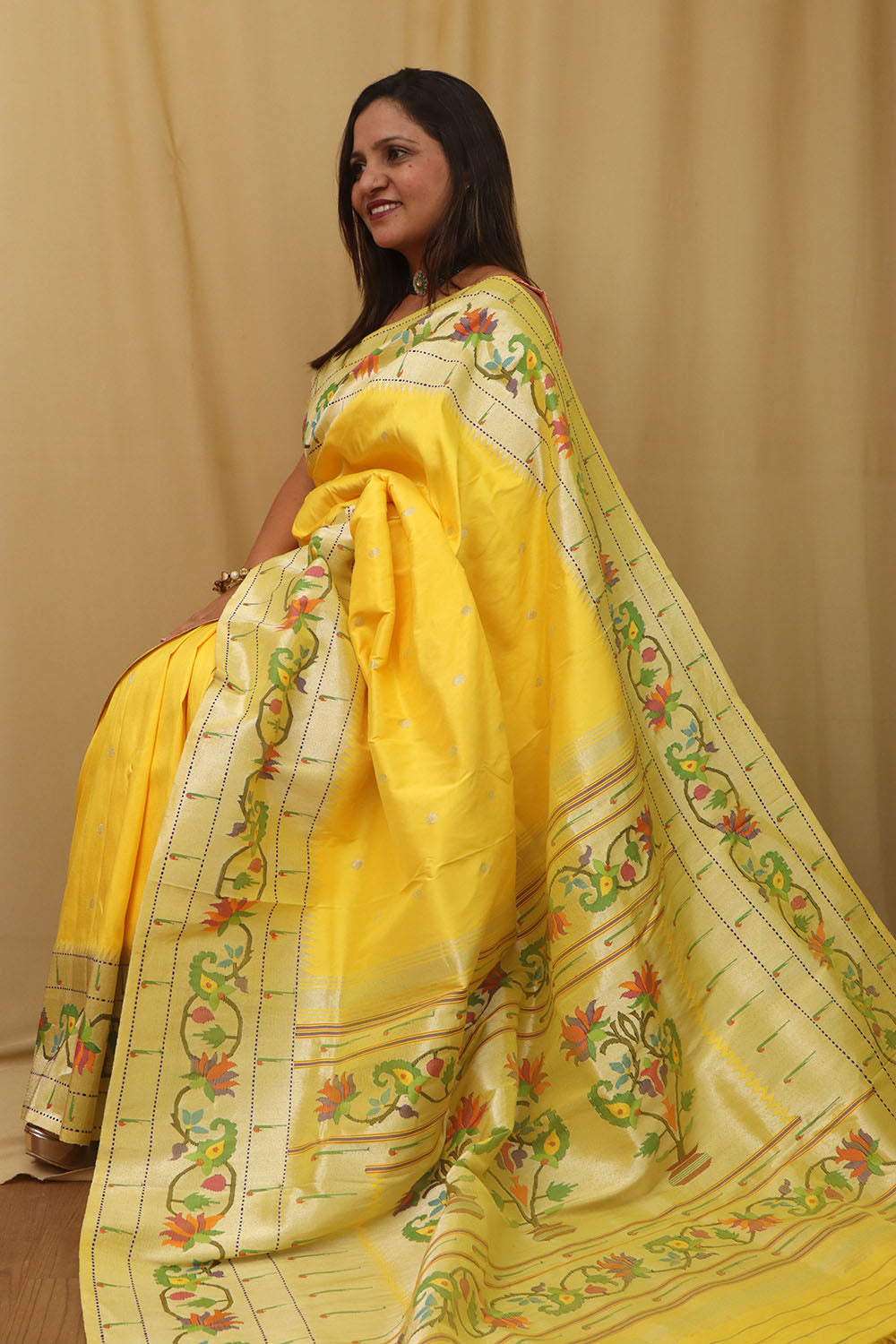 Yellow Paithani Silk Saree with Flower Design Border - Luxurion World