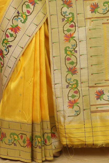 Yellow Paithani Silk Saree with Flower Design Border - Luxurion World