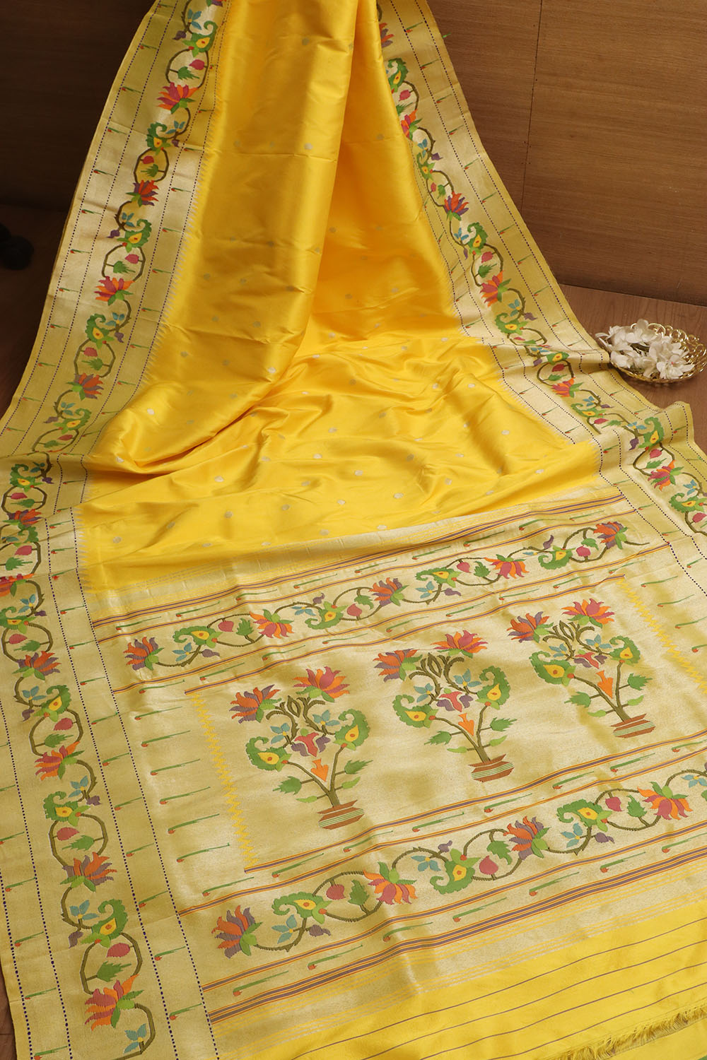 Yellow Paithani Silk Saree with Flower Design Border - Luxurion World