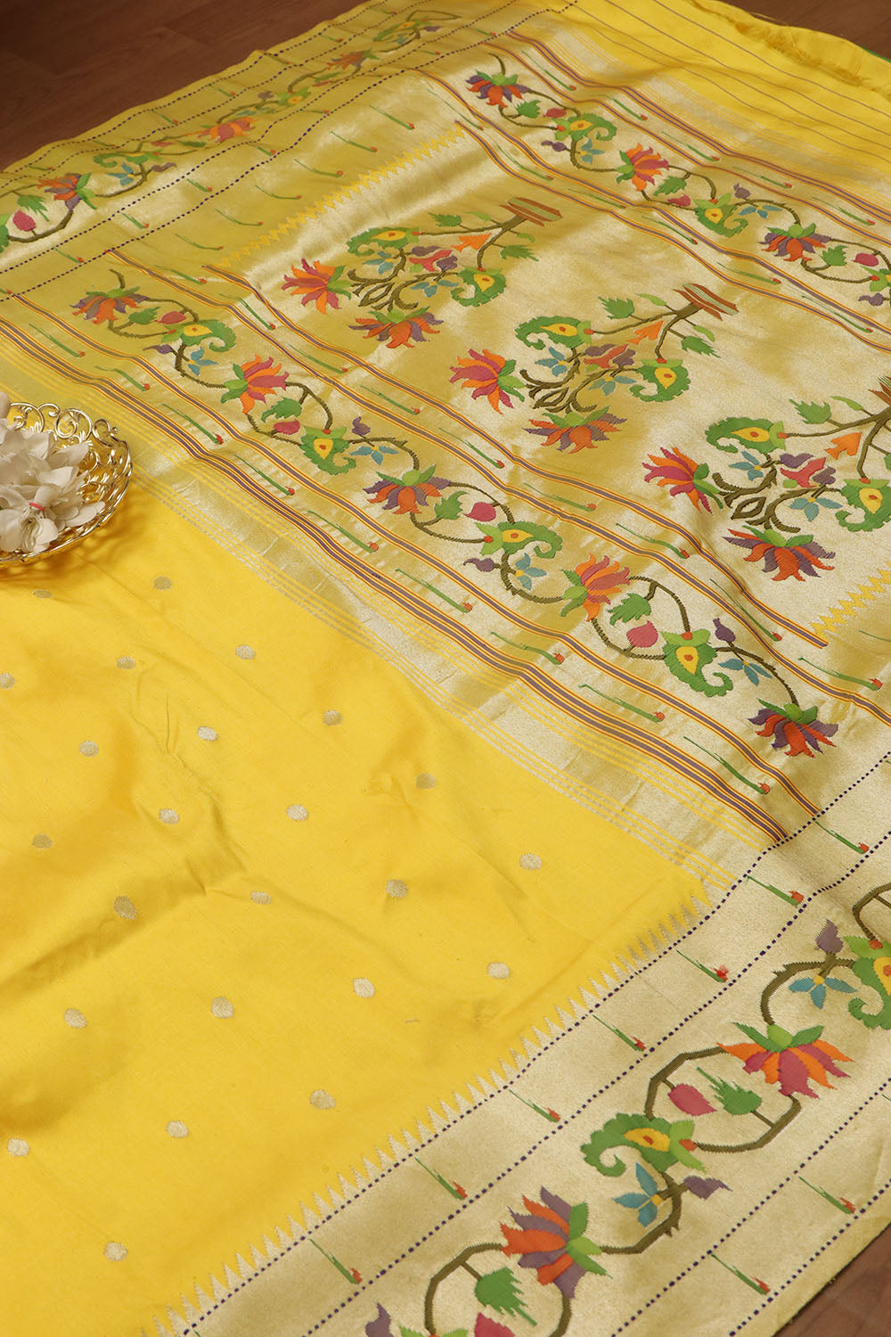 Yellow Paithani Silk Saree with Flower Design Border - Luxurion World