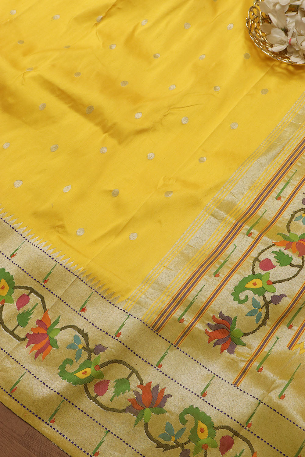 Yellow Paithani Silk Saree with Flower Design Border - Luxurion World