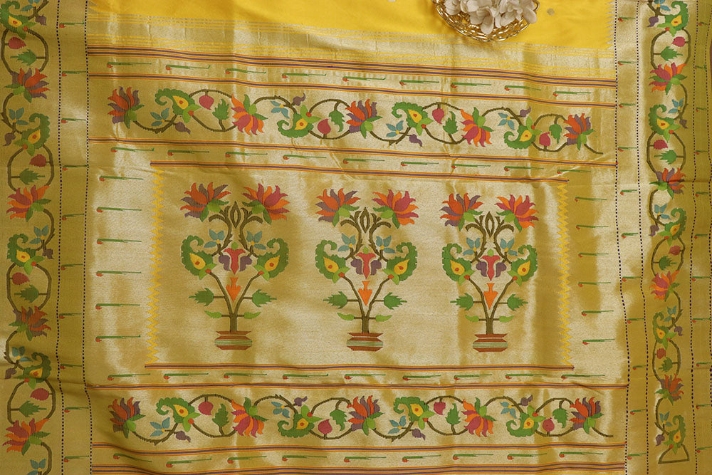 Yellow Paithani Silk Saree with Flower Design Border - Luxurion World