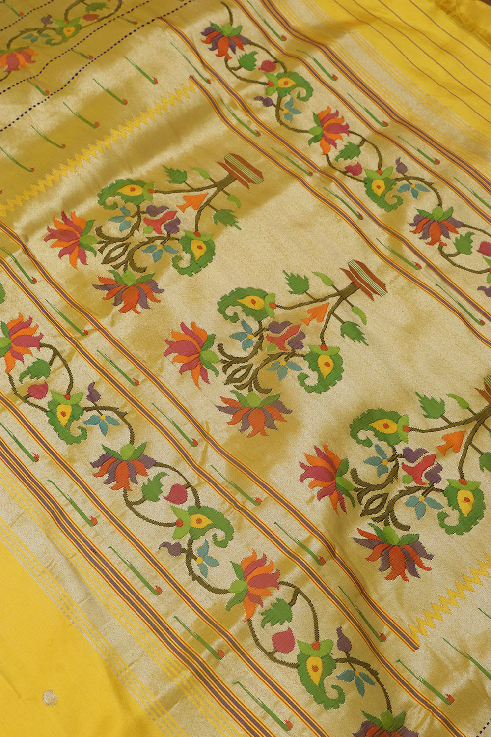 Yellow Paithani Silk Saree with Flower Design Border - Luxurion World