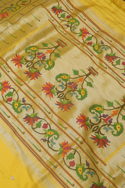 Yellow Paithani Silk Saree with Flower Design Border - Luxurion World