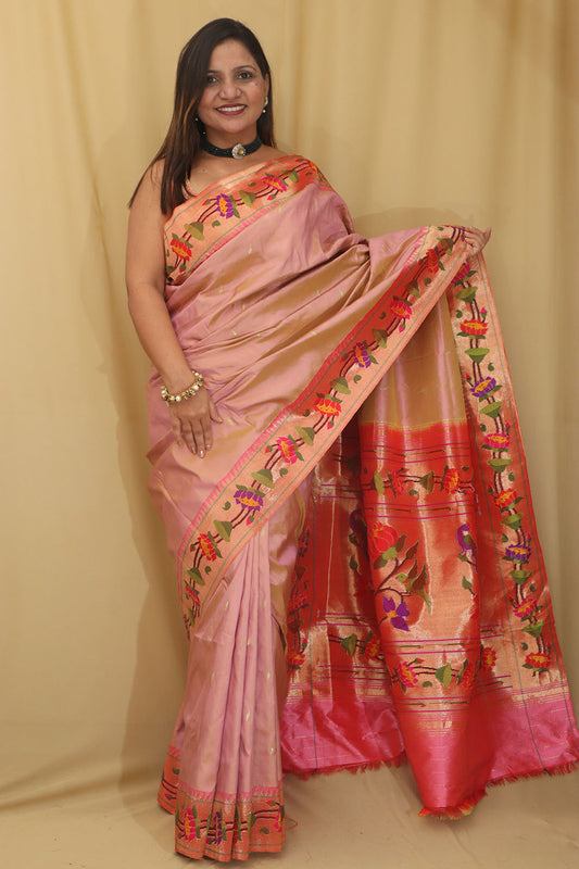 Floral Pink Paithani Silk Saree with Muniya Border - Luxurion World