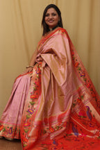 Floral Pink Paithani Silk Saree with Muniya Border - Luxurion World