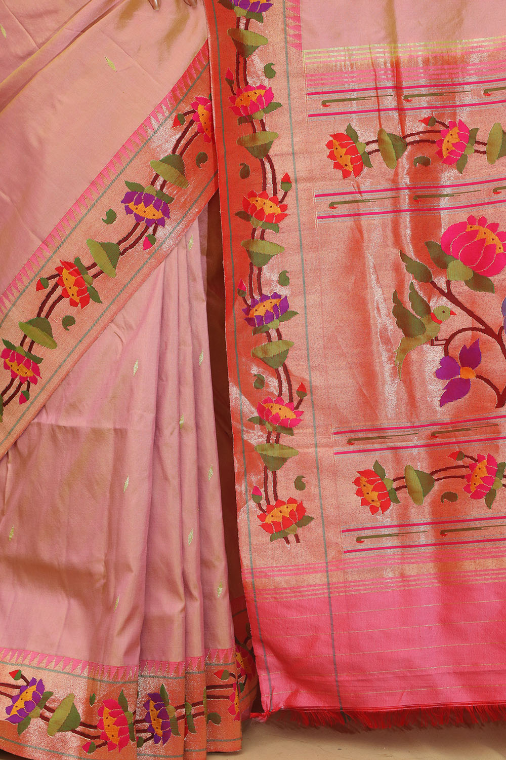 Floral Pink Paithani Silk Saree with Muniya Border - Luxurion World