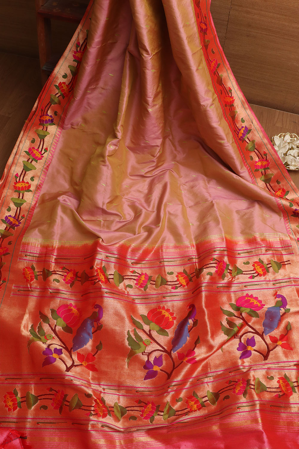 Floral Pink Paithani Silk Saree with Muniya Border - Luxurion World