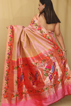 Floral Pink Paithani Silk Saree with Muniya Border - Luxurion World
