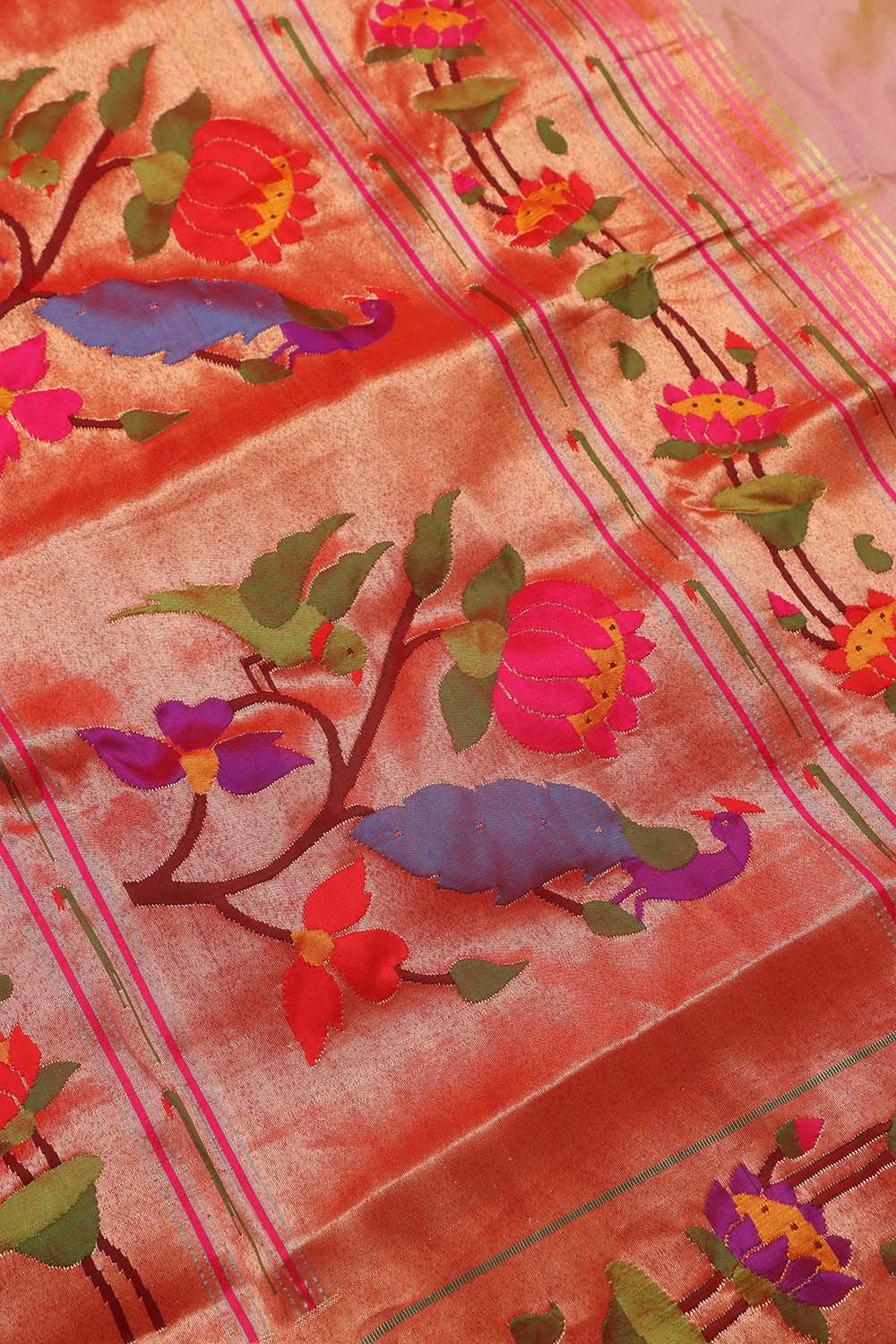 Floral Pink Paithani Silk Saree with Muniya Border - Luxurion World