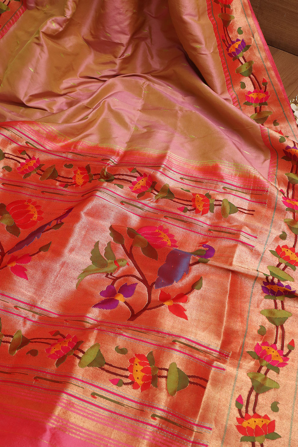 Floral Pink Paithani Silk Saree with Muniya Border - Luxurion World