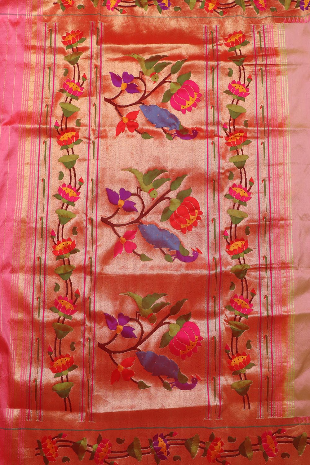 Floral Pink Paithani Silk Saree with Muniya Border - Luxurion World
