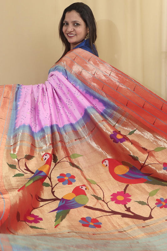 Elegant Pinkish Purple Paithani Pure Silk Triple Muniya Border With Hand Bandhej Saree - Luxurion World