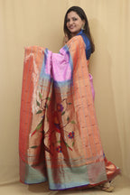 Elegant Pinkish Purple Paithani Pure Silk Triple Muniya Border With Hand Bandhej Saree - Luxurion World