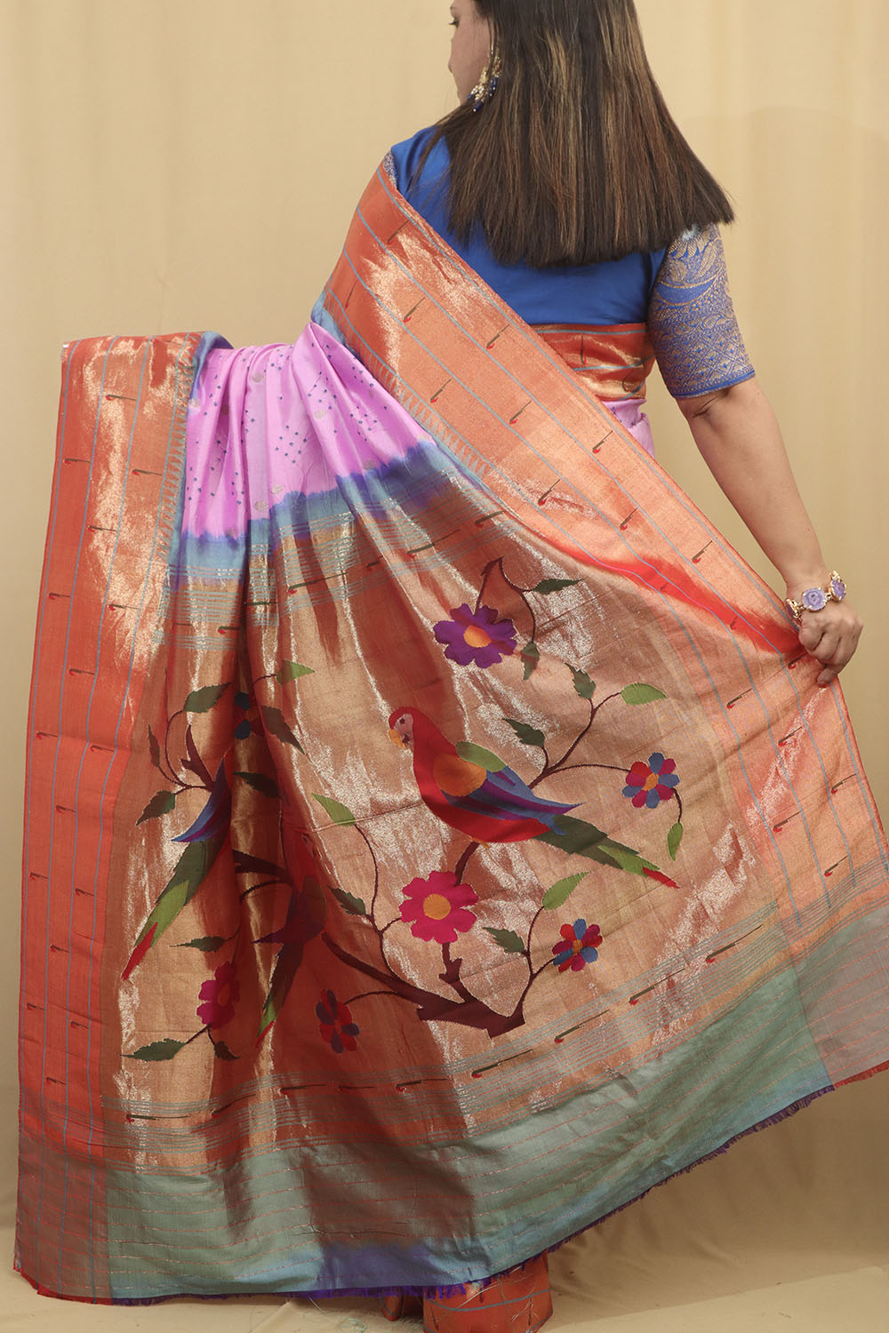 Elegant Pinkish Purple Paithani Pure Silk Triple Muniya Border With Hand Bandhej Saree - Luxurion World