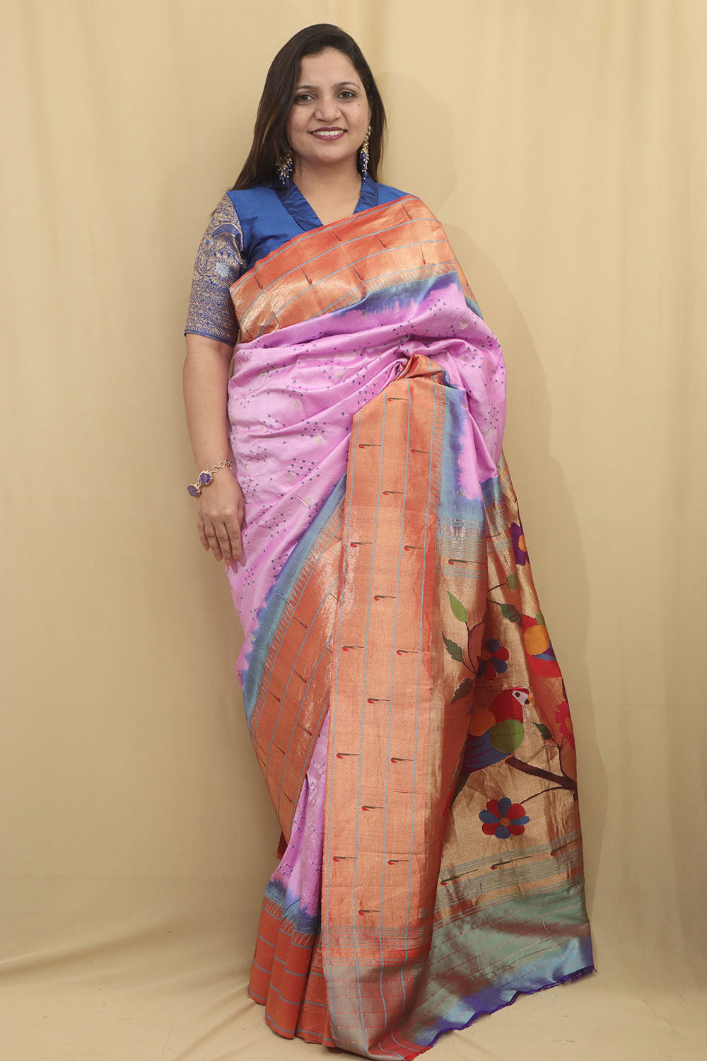 Elegant Pinkish Purple Paithani Pure Silk Triple Muniya Border With Hand Bandhej Saree - Luxurion World