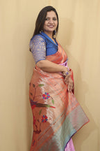 Elegant Pinkish Purple Paithani Pure Silk Triple Muniya Border With Hand Bandhej Saree - Luxurion World