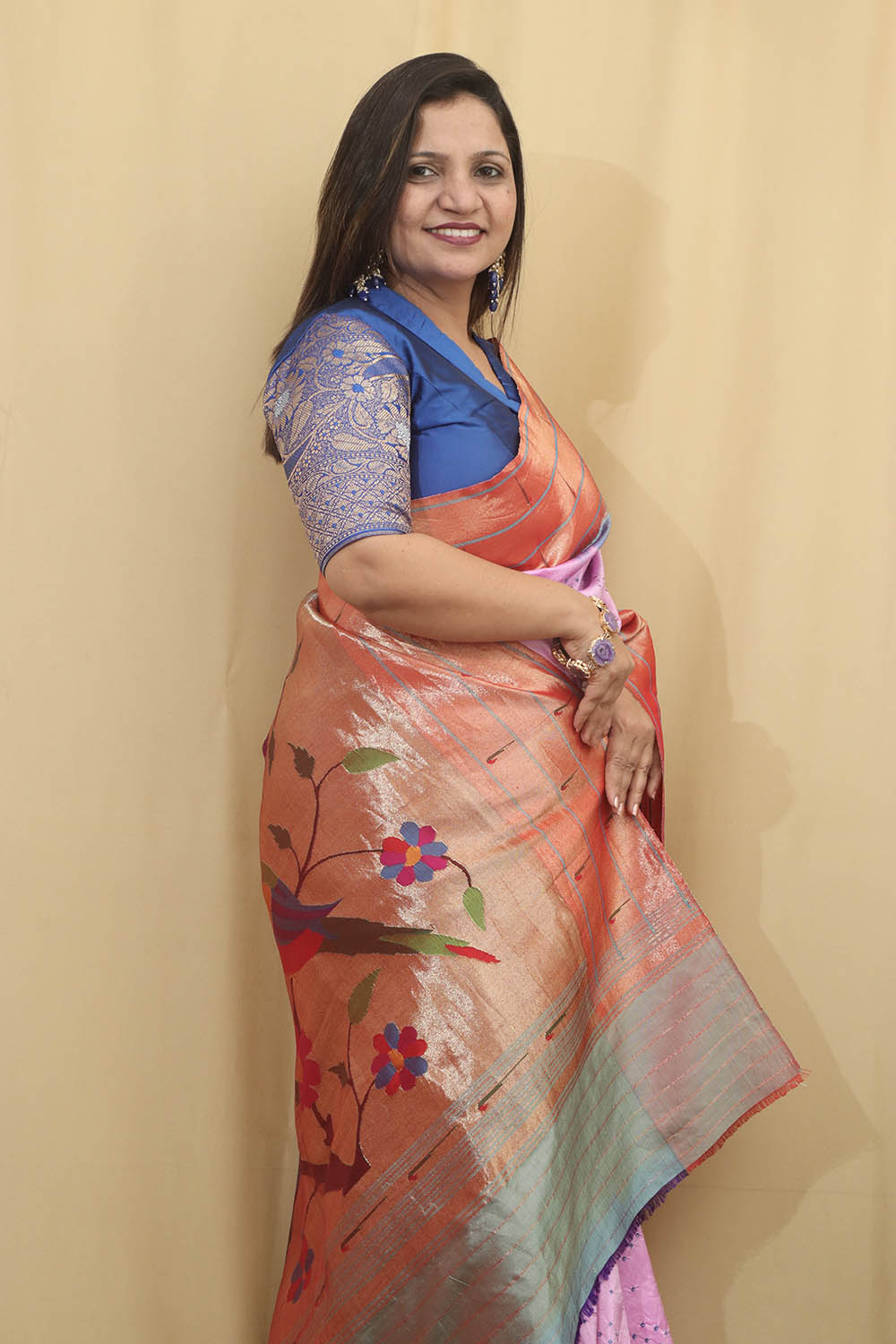 Elegant Pinkish Purple Paithani Pure Silk Triple Muniya Border With Hand Bandhej Saree - Luxurion World