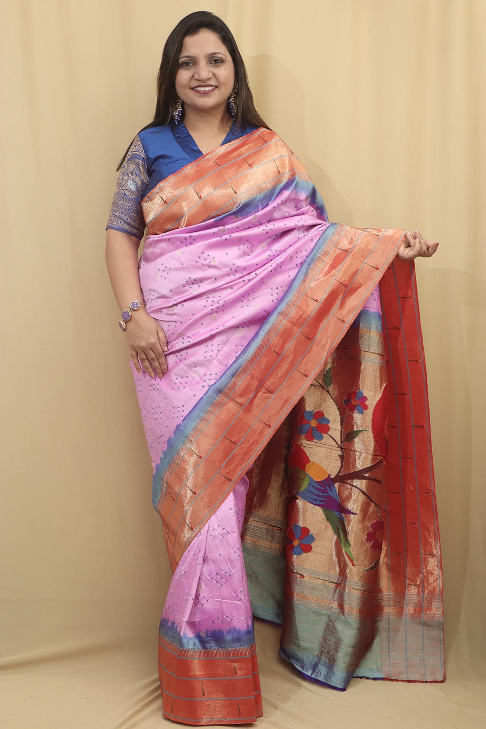 Elegant Pinkish Purple Paithani Pure Silk Triple Muniya Border With Hand Bandhej Saree - Luxurion World