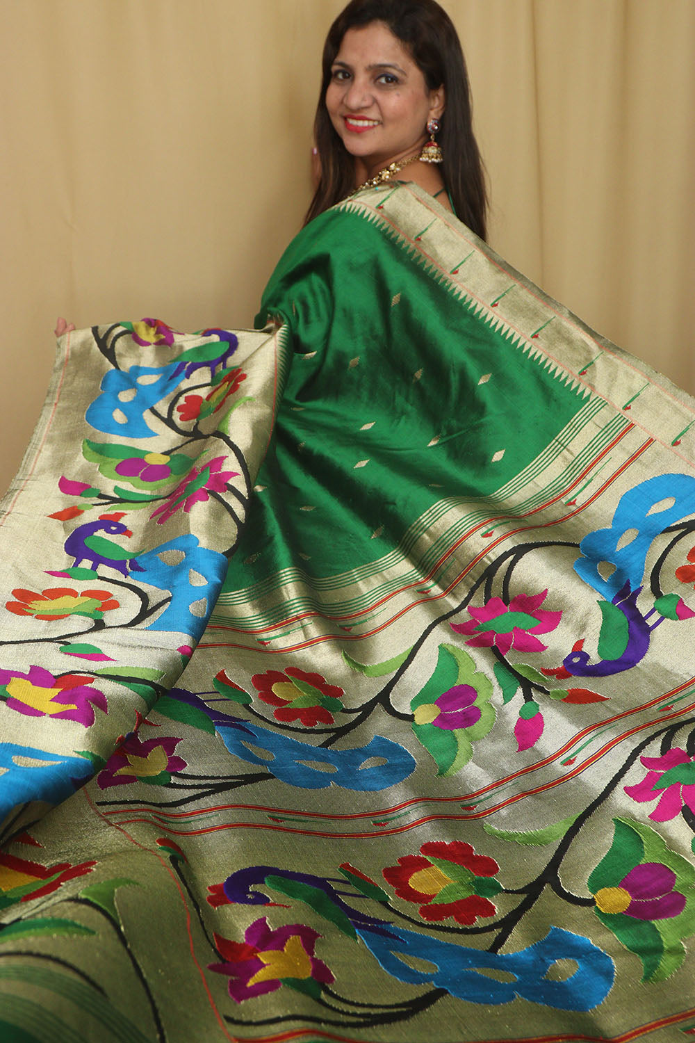 Green Paithani Handloom Pure Silk Heavy Border Peacock And Flower Design Saree - Luxurion World