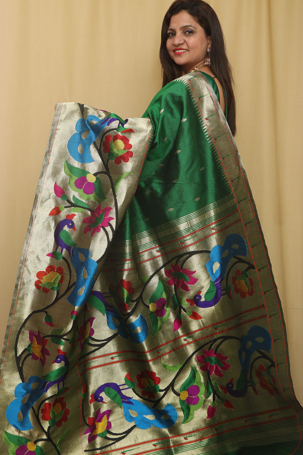 Green Paithani Handloom Pure Silk Heavy Border Peacock And Flower Design Saree - Luxurion World