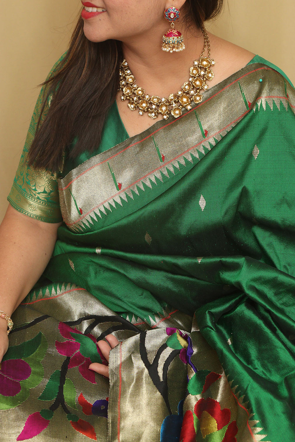 Green Paithani Handloom Pure Silk Heavy Border Peacock And Flower Design Saree - Luxurion World