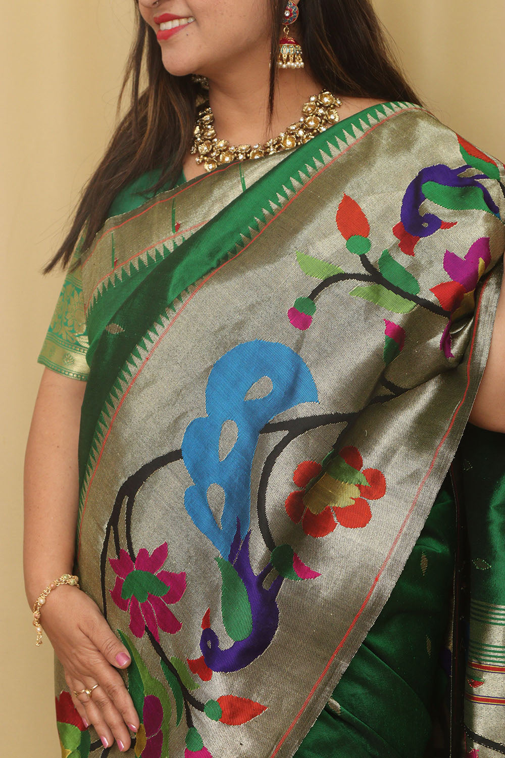Green Paithani Handloom Pure Silk Heavy Border Peacock And Flower Design Saree - Luxurion World