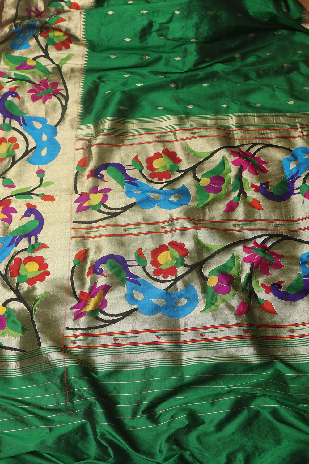 Green Paithani Handloom Pure Silk Heavy Border Peacock And Flower Design Saree - Luxurion World