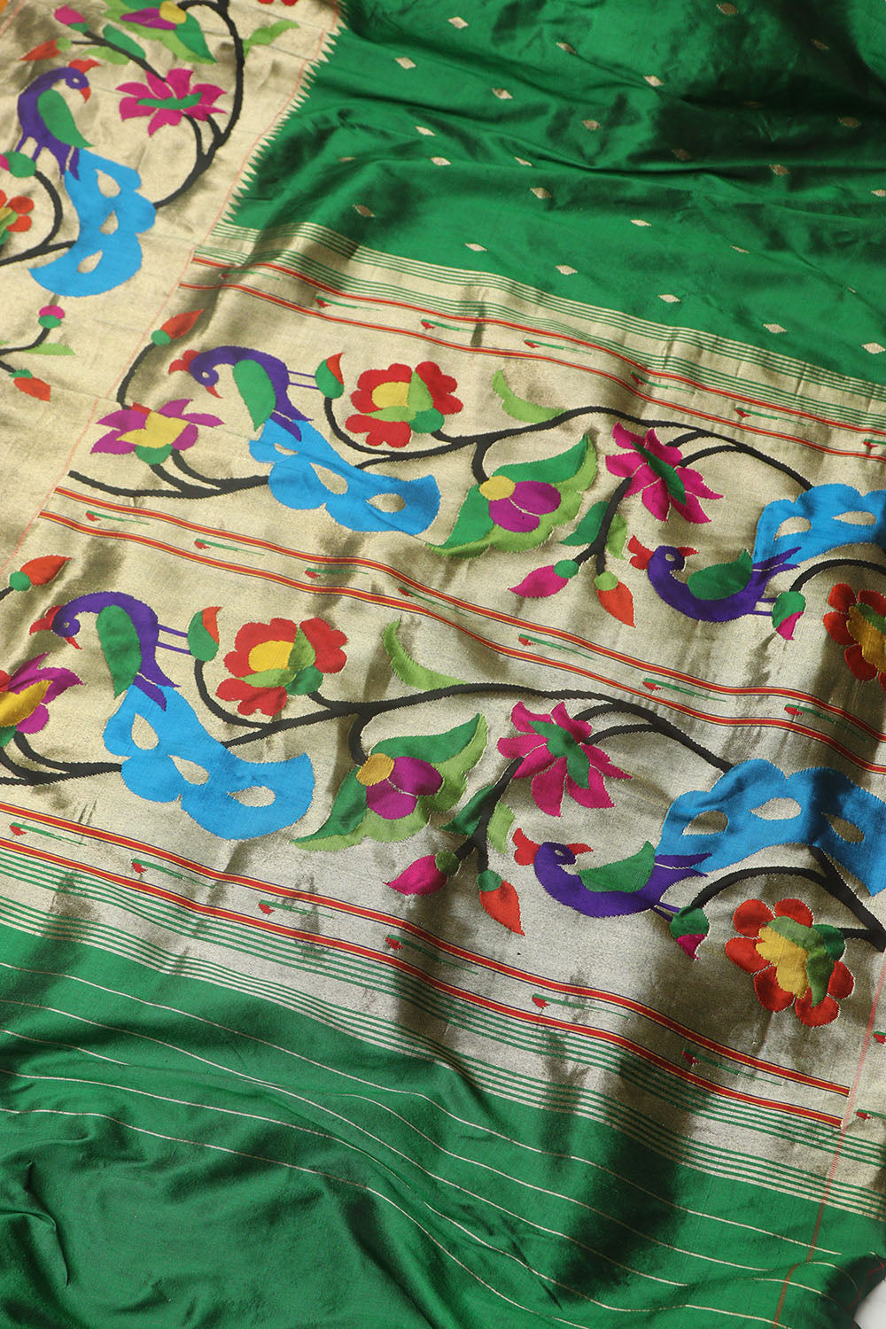 Green Paithani Handloom Pure Silk Heavy Border Peacock And Flower Design Saree - Luxurion World