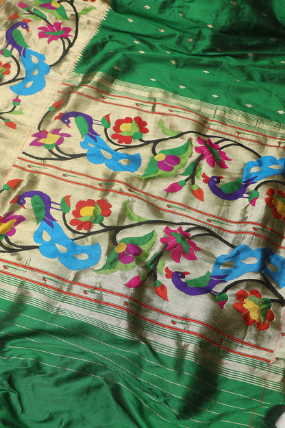 Green Paithani Handloom Pure Silk Heavy Border Peacock And Flower Design Saree - Luxurion World
