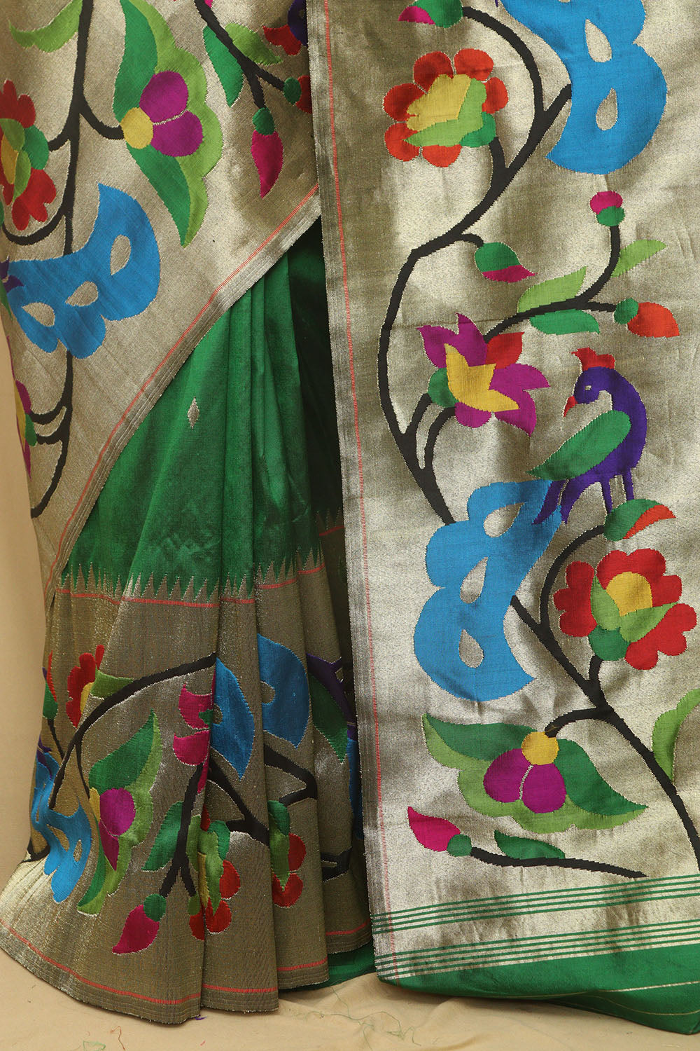 Green Paithani Handloom Pure Silk Heavy Border Peacock And Flower Design Saree - Luxurion World