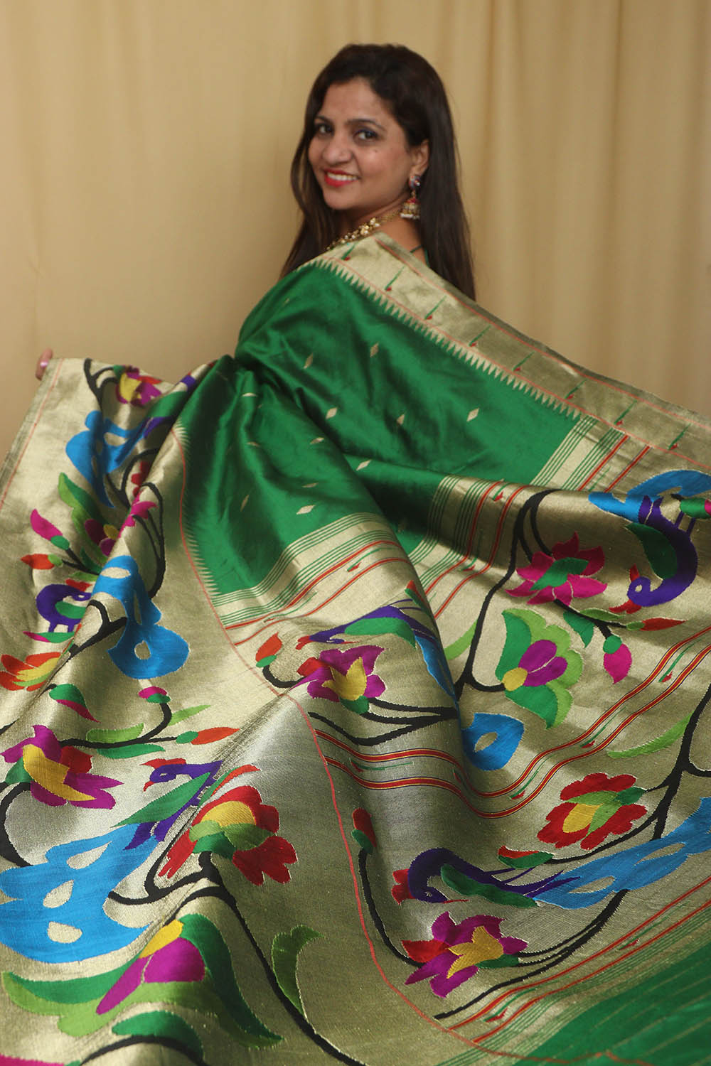 Green Paithani Handloom Pure Silk Heavy Border Peacock And Flower Design Saree - Luxurion World